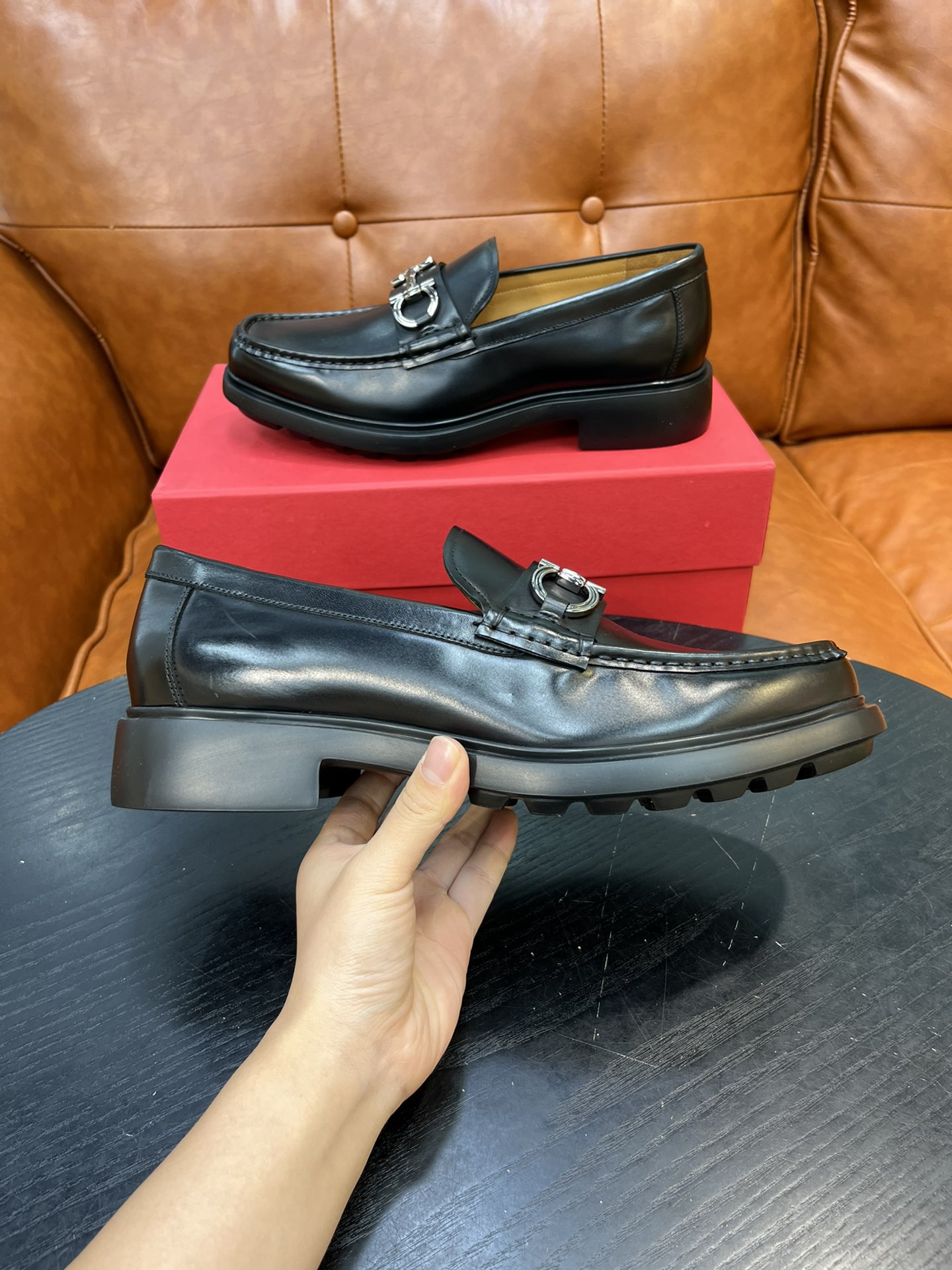 Salvatore Ferragamo Men's Black Leather Loafers with Metal Buckle 8 i1717145496 4647 6