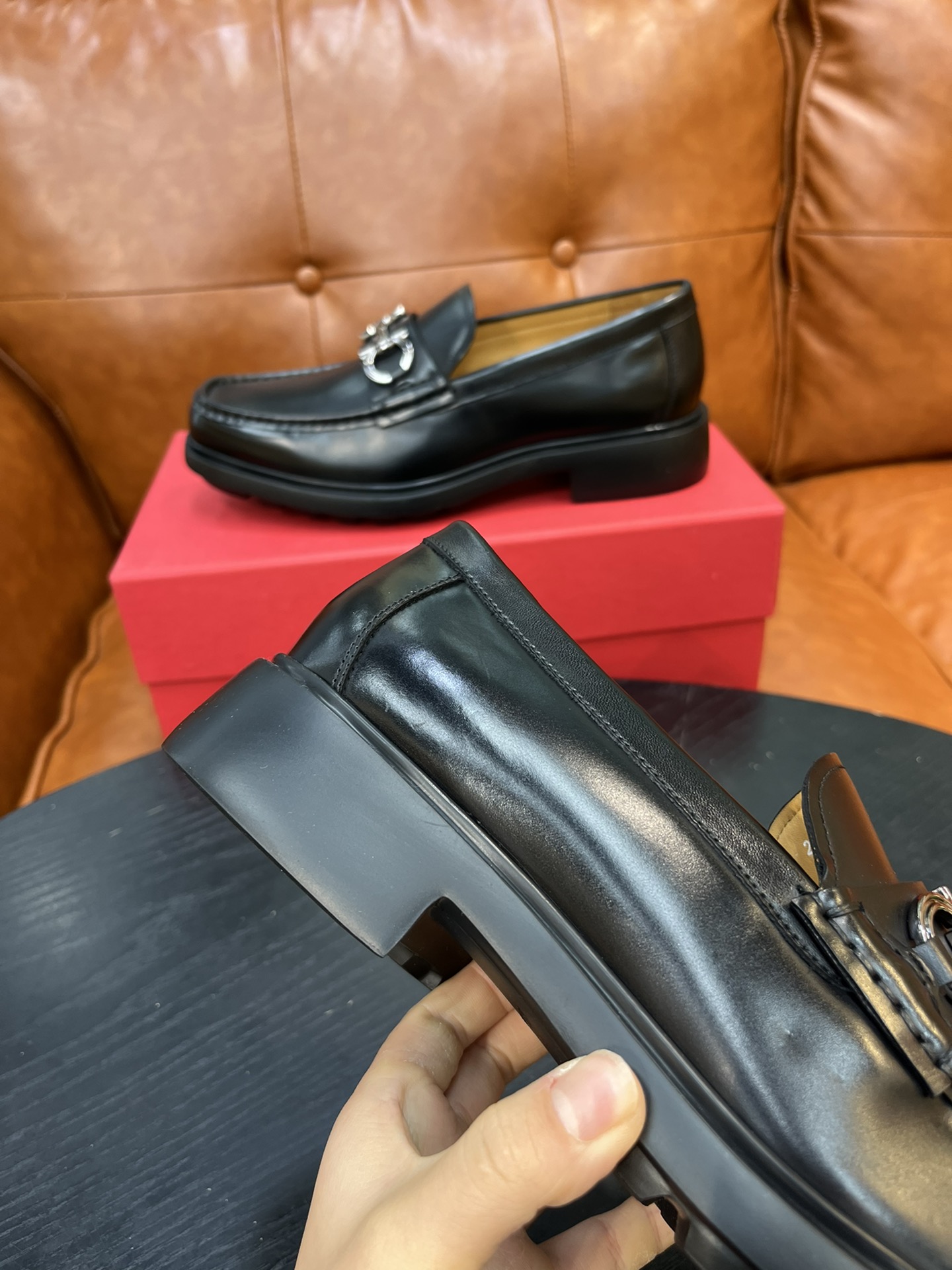 Salvatore Ferragamo Men's Black Leather Loafers with Metal Buckle 6 i1717145496 4693 4