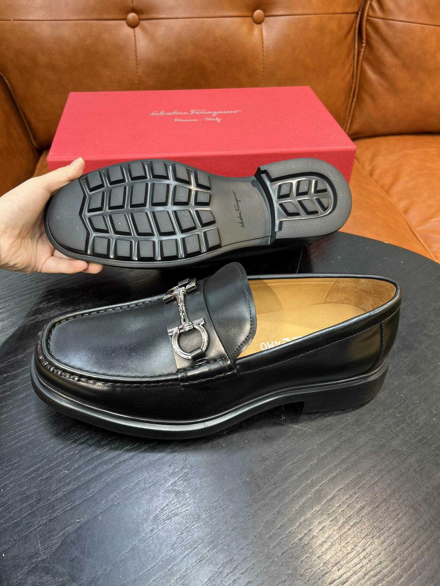 Salvatore Ferragamo Men's Black Leather Loafers with Metal Buckle 4 i1717145496 4698 2