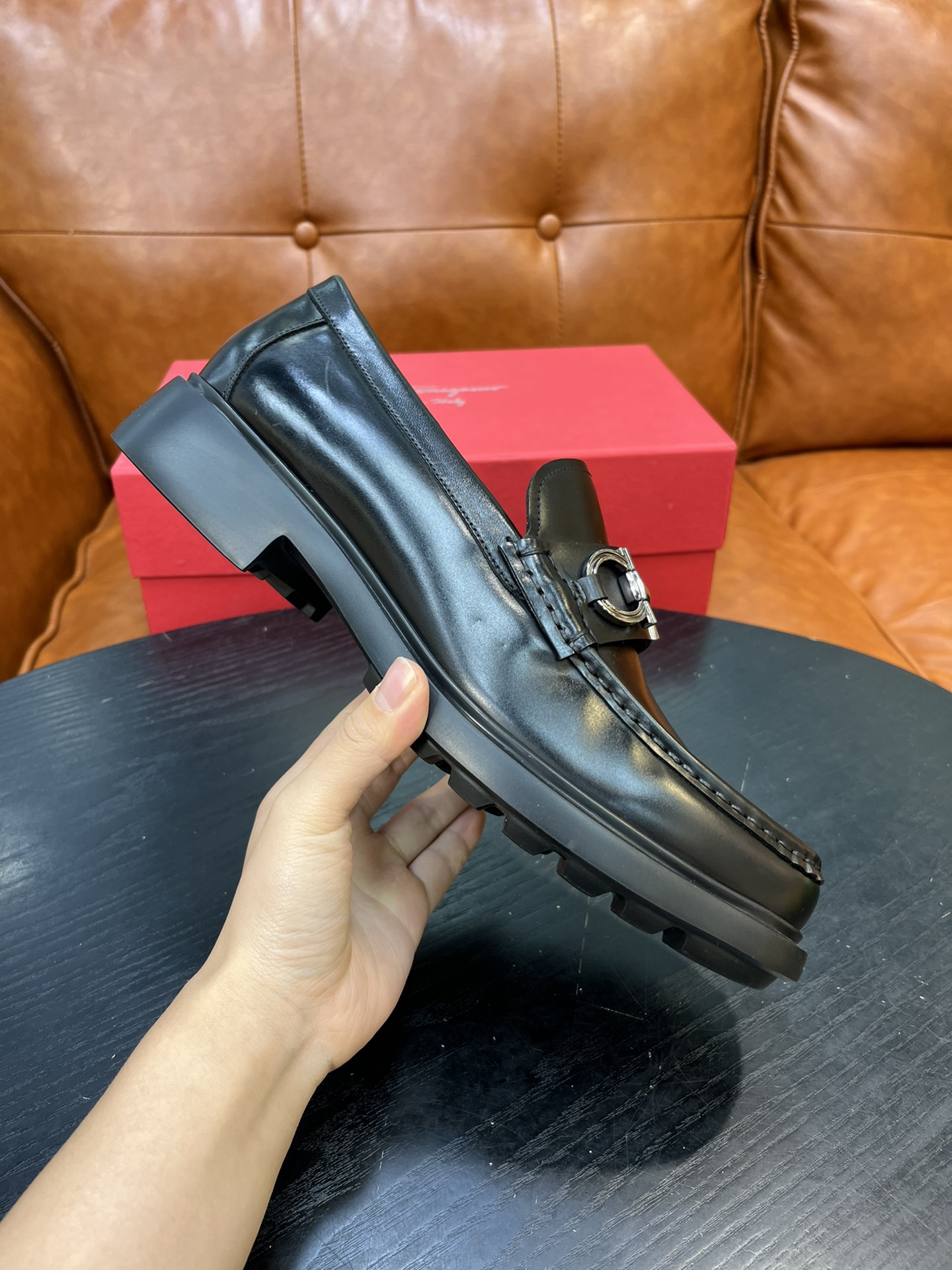 Salvatore Ferragamo Men's Black Leather Loafers with Metal Buckle 2 i1717145496 614 0