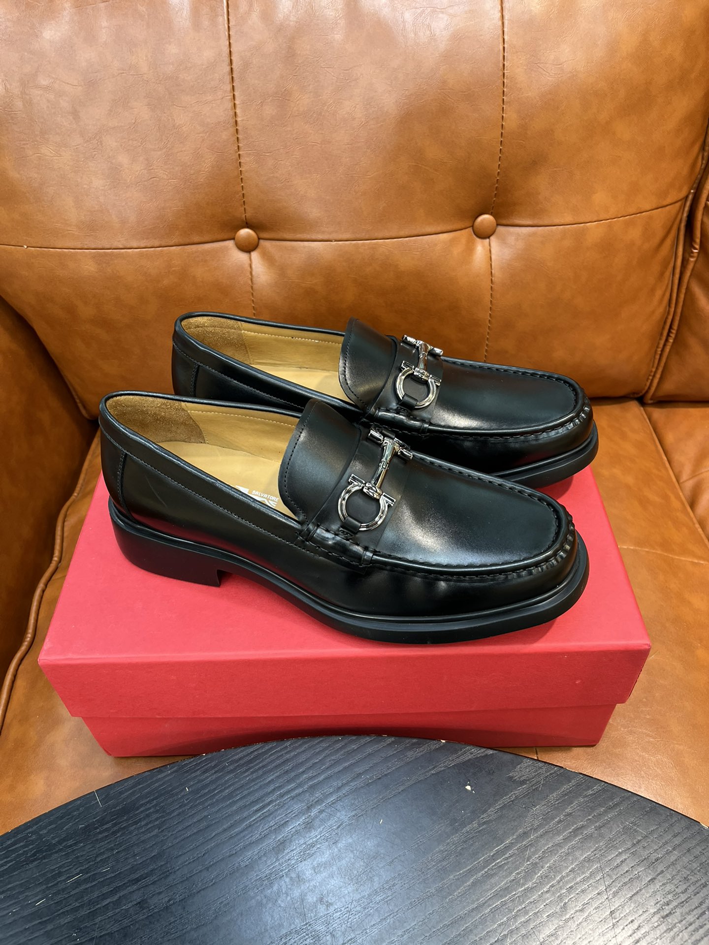 Salvatore Ferragamo Men's Black Leather Loafers with Metal Buckle 10 i1717145496 9043 8