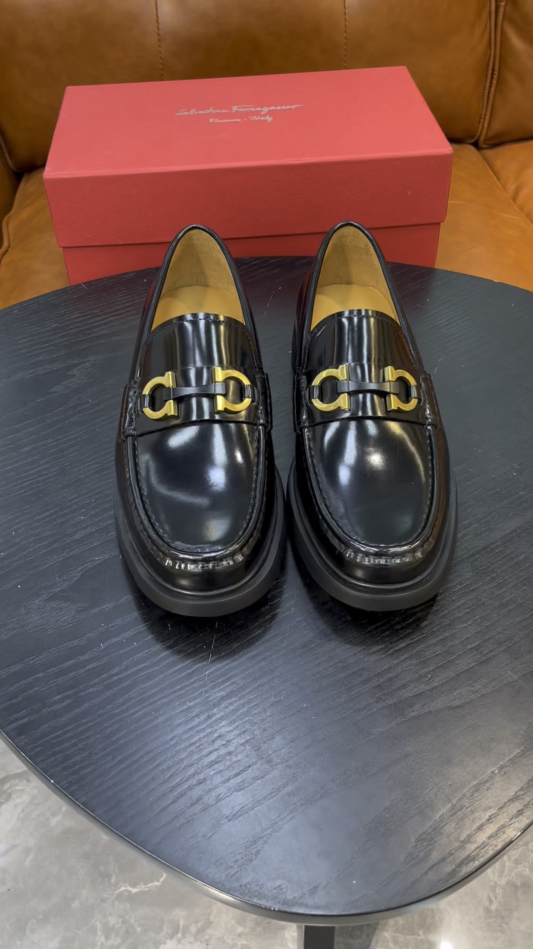 Salvatore Ferragamo Black Leather Loafers with Metal Buckle Detail