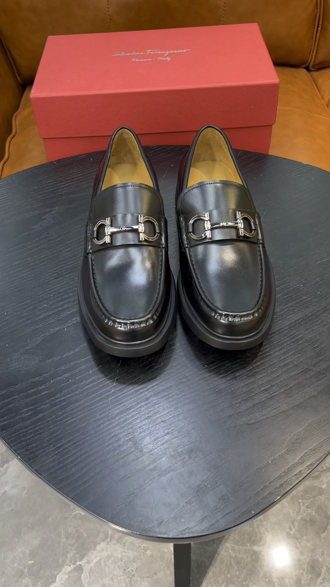 Salvatore Ferragamo Men's Black Leather Loafers with Metal Buckle
