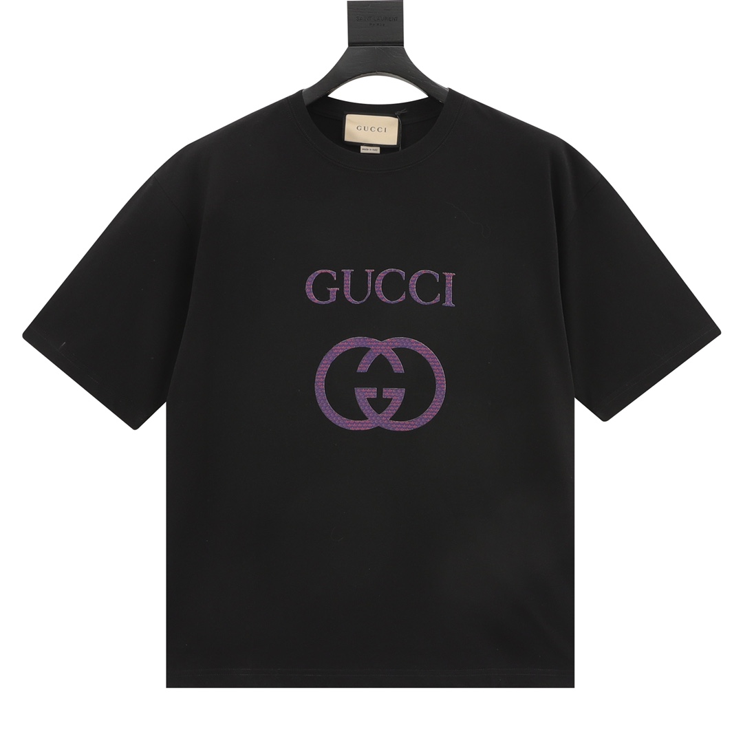 Gucci Odzież T-Shirt Kolor moreli Czarny Fioletowy Drukowanie Krótki rękaw
