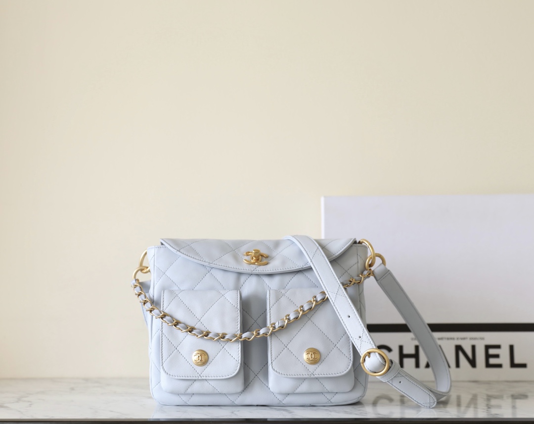 Chanel AAAAA
 Crossbody & Shoulder Bags Messenger Bags Blue Grey Light Gray Calfskin Cowhide Spring/Summer Collection Vintage