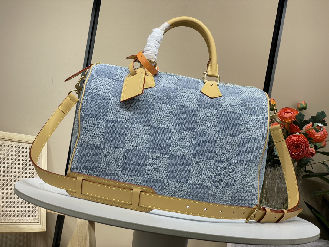 Louis Vuitton LV Speedy AAA+
 Tassen handtassen Blauw Gitter Katoen Koeienhuid Denim Lente/Zomercollectie N40701