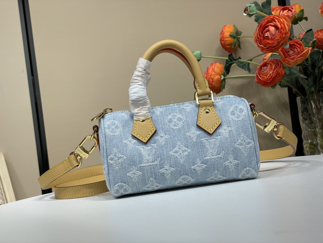 Louis Vuitton LV Speedy Tassen handtassen Blauw Lichtblauw Wit Katoen Koeienhuid Vintage m11212