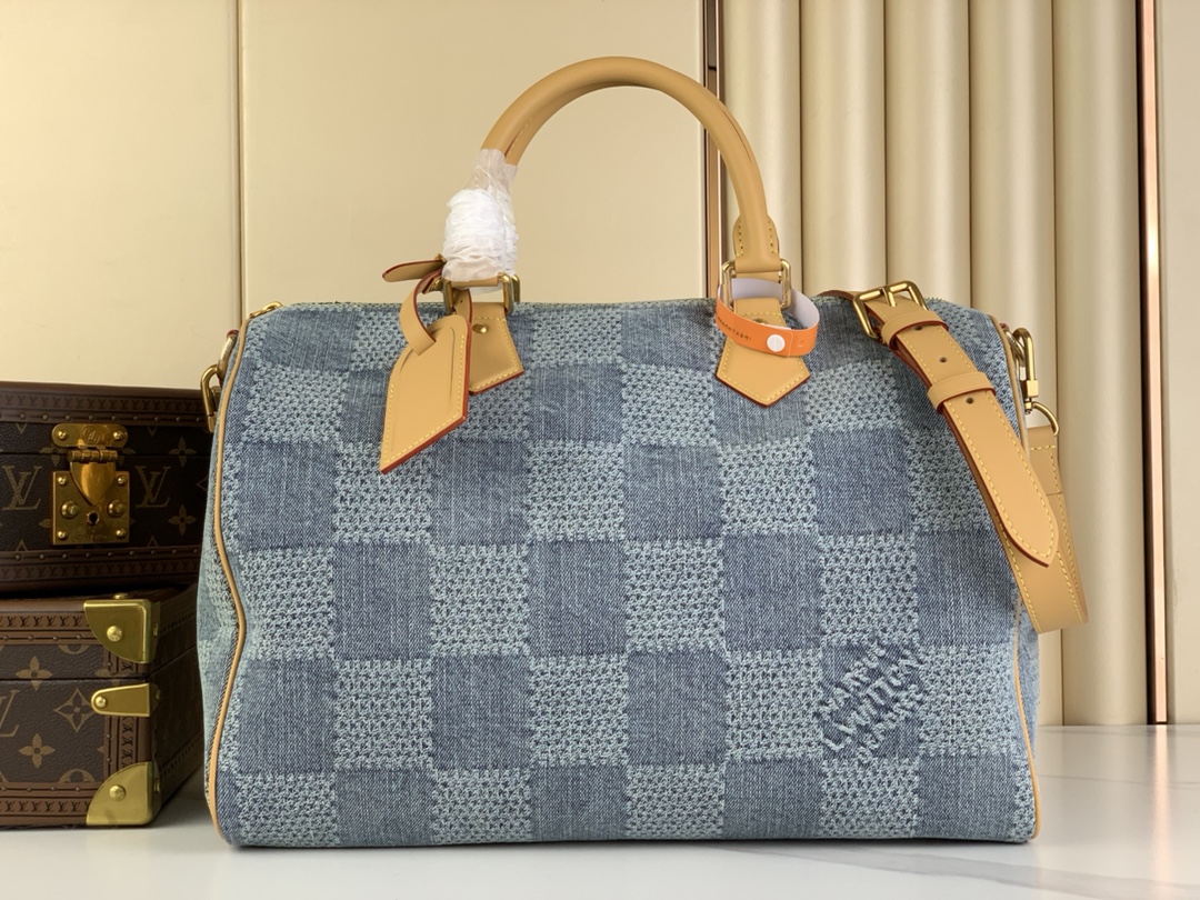 Louis Vuitton LV Speedy Taschen Handtaschen Blau Gitter Baumwolle Rindsleder Denim Frühling/Sommer Kollektion N40701