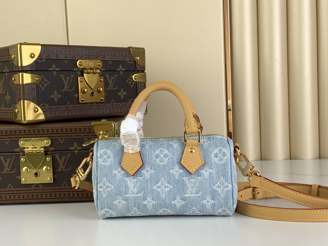 Louis Vuitton LV Speedy Taschen Handtaschen Blau Hellblau Weiß Baumwolle Rindsleder Vintage m11212