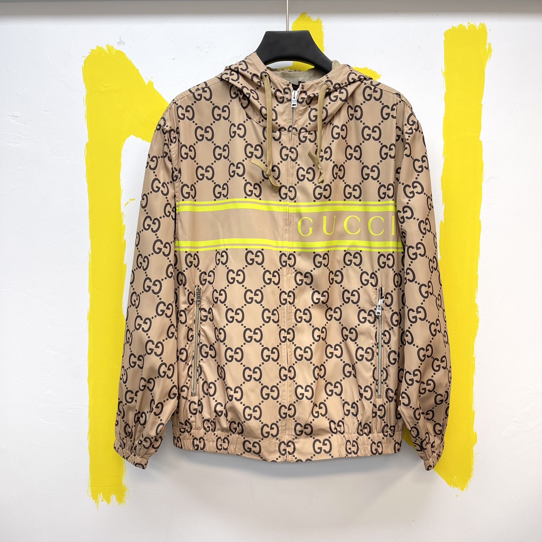 Gucci Clothing Coats & Jackets Beige Green Red Printing Mesh Cloth Nylon Fall Collection GG Supreme Hooded Top