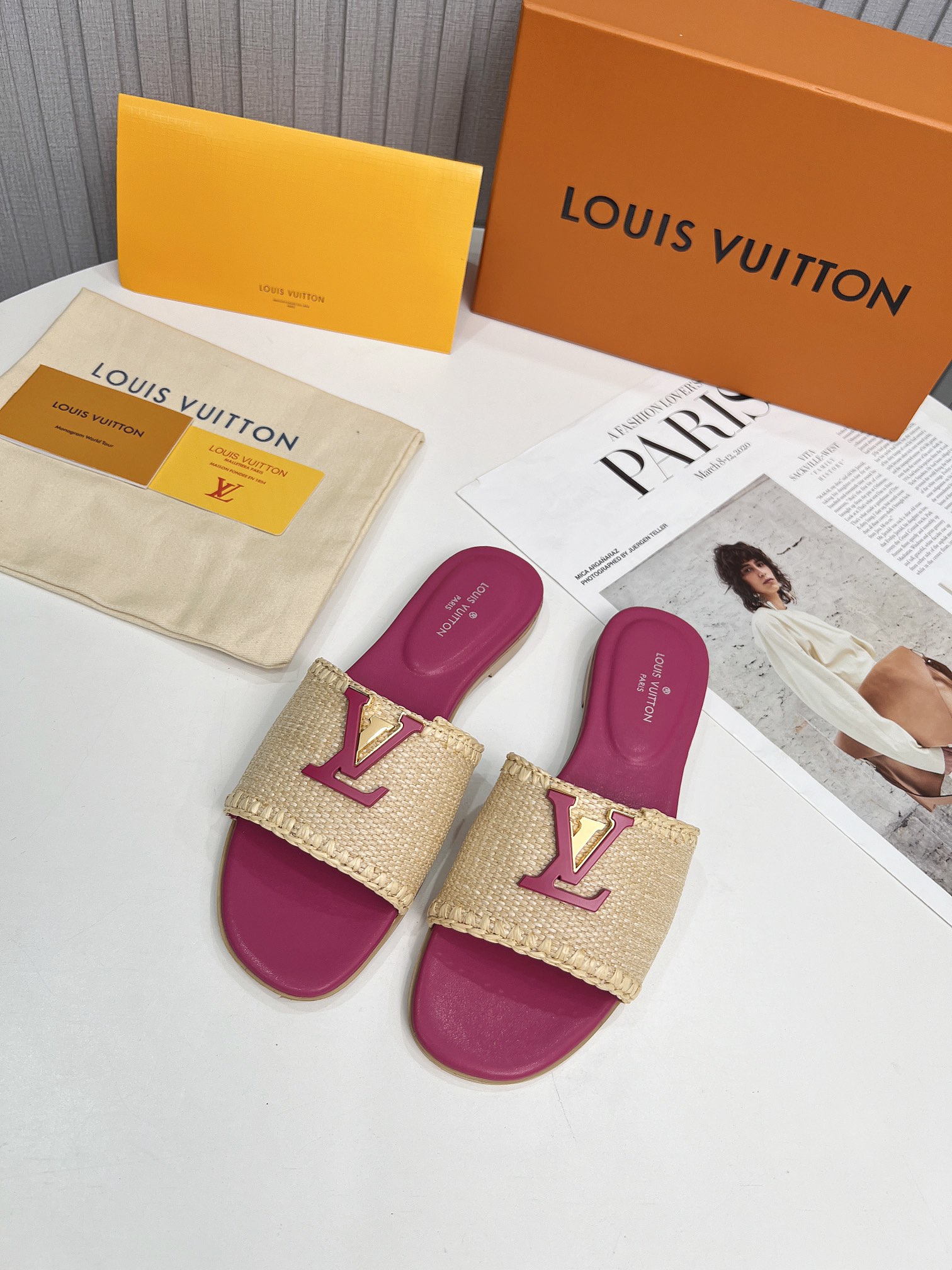 Louis Vuitton Schoenen Pantoffels Weven Vrouwen Echt leer Raffia Rubber