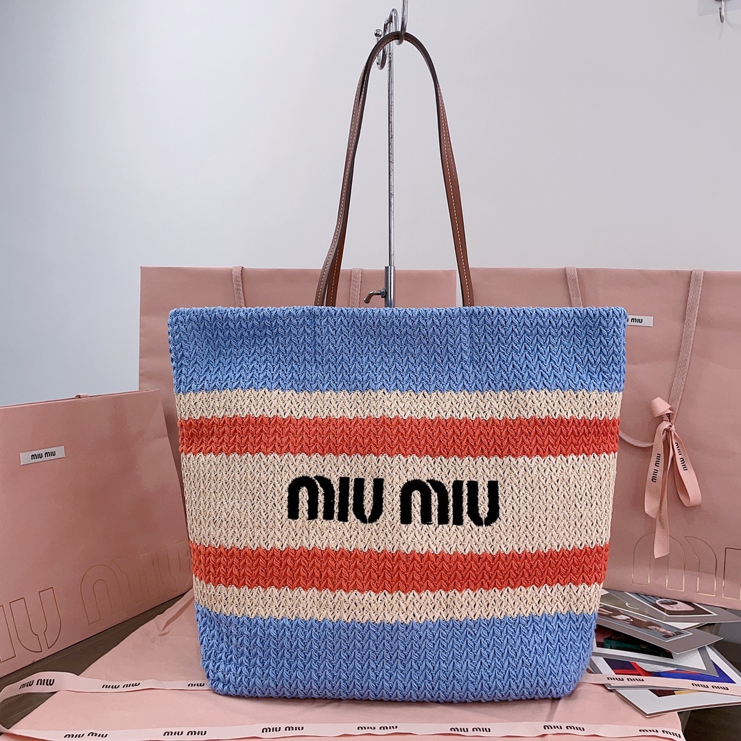 Good Quality Replica
 MiuMiu Tote Bags Embroidery Cotton Raffia Straw Woven Weave