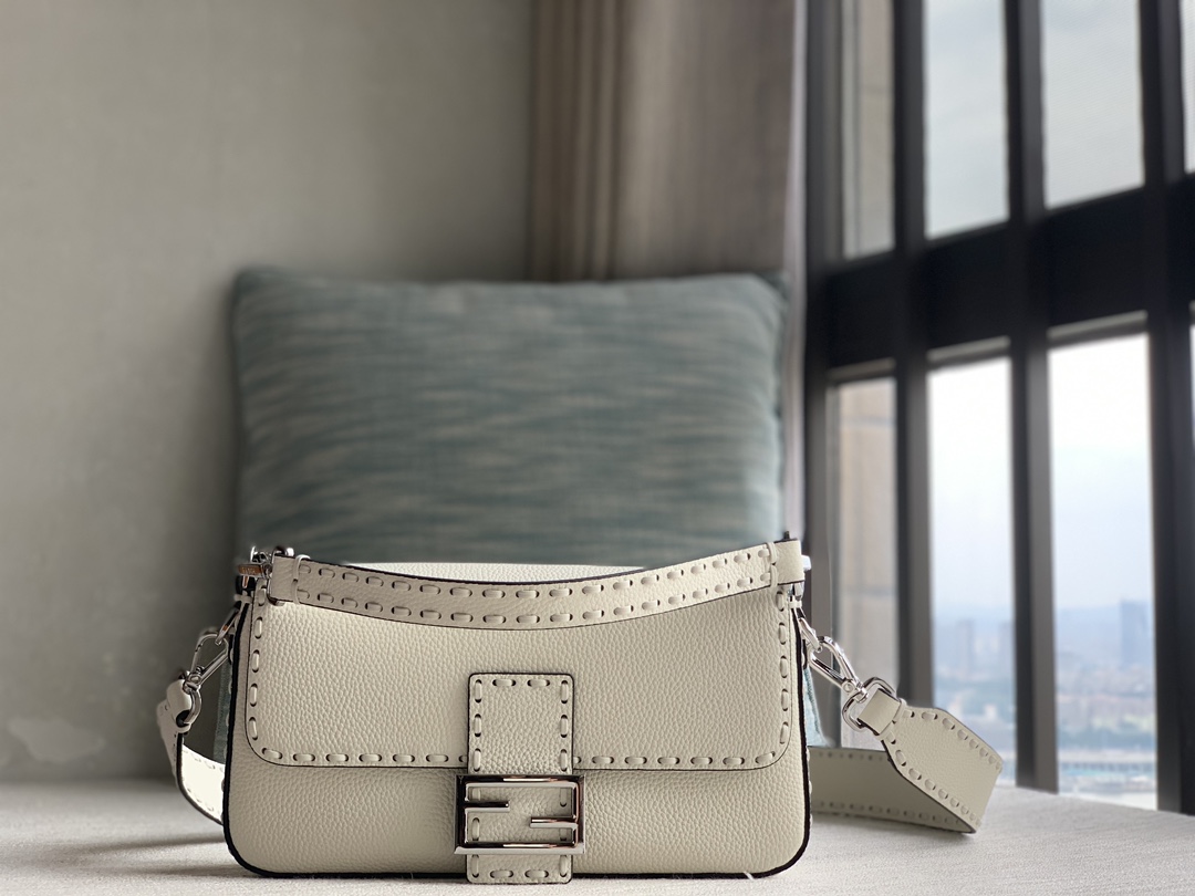 Fendi [Iconic Baguette Medium Handbag] Ice White Silver Buckle
