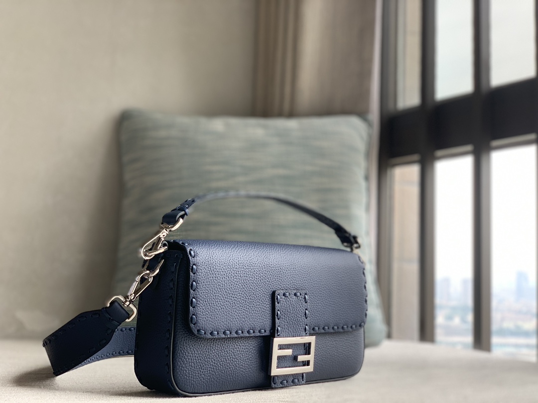 Fendi [Iconic Baguette Medium Handbag] Blue Silver Buckle