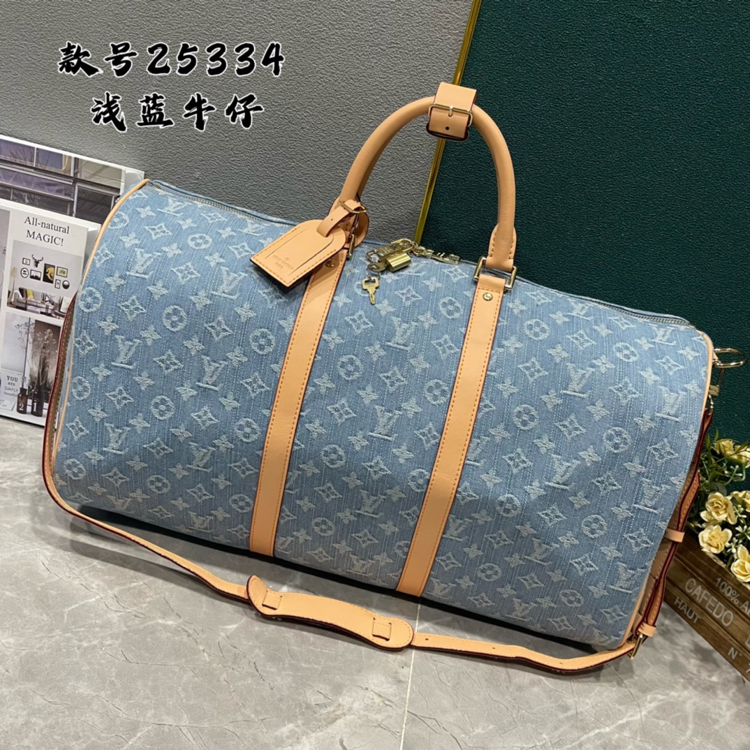 لويس فيتون LV Keepall حقيبة حقيبة سفر بلو أزرق فاتح أبيض . قطن جلد البقر Vintage M25334