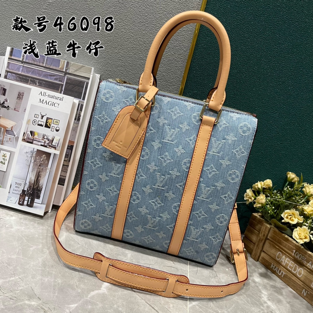 لويس فيتون LV Sac Plat حقيبة حقيبة يد بلو أزرق فاتح أبيض . Taurillon قطن Vintage M46098