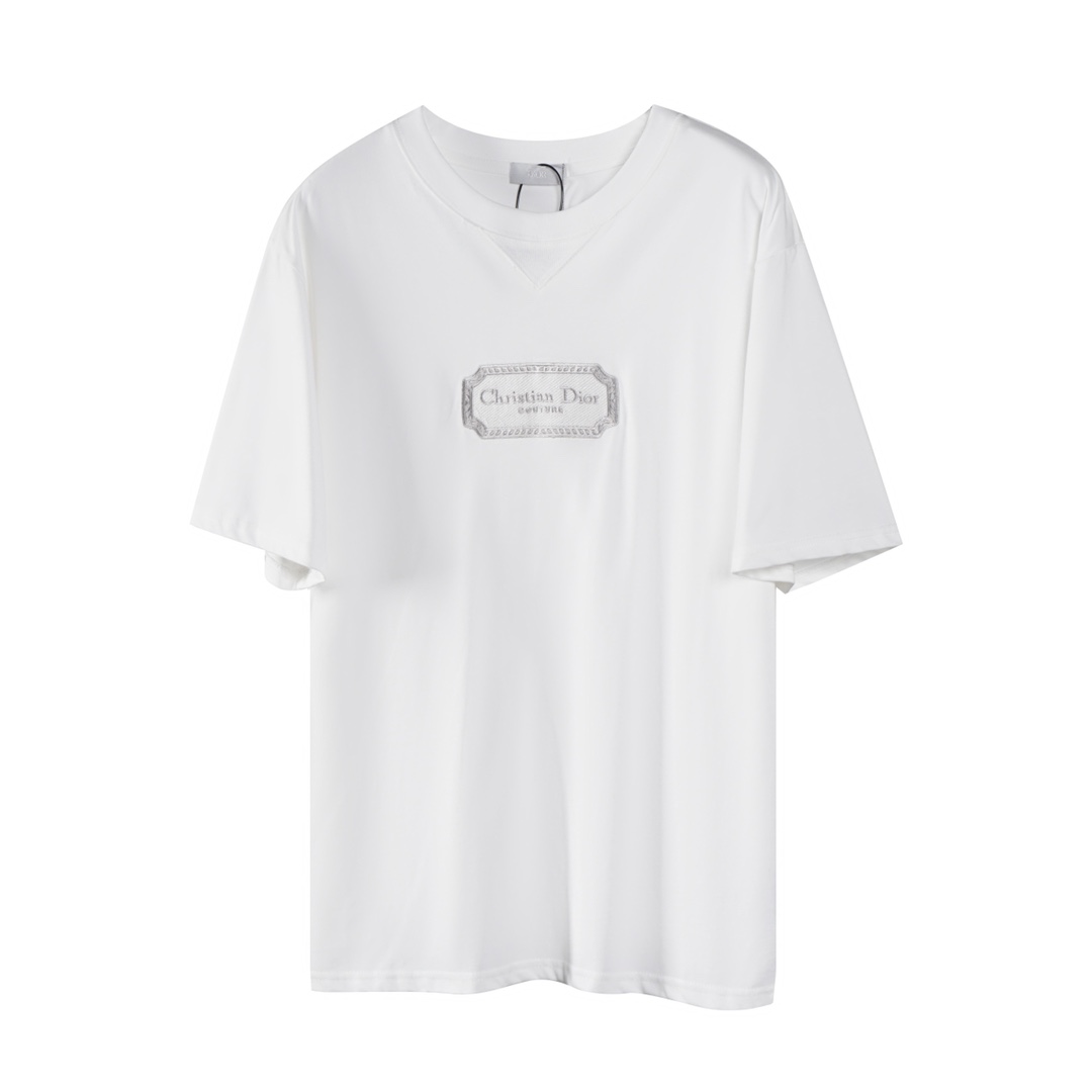 "D07" DIOR/Dior clásico bordado Conture logo logo logo mangas cortas - Tejido personalizado de hilo doble de algodón de…