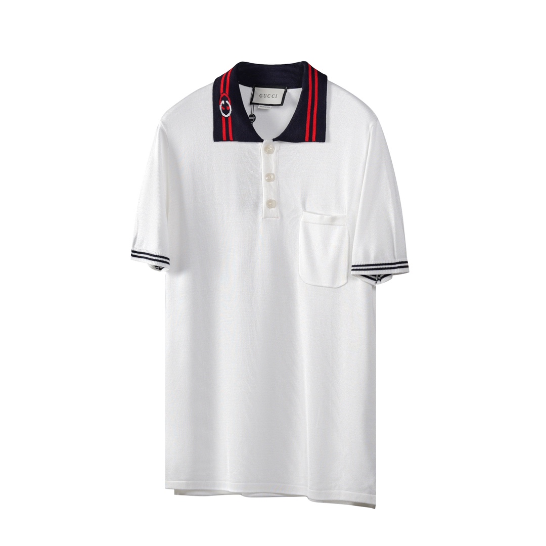 (PL10) Gucci/Gucci Polo de manga corta con cuello y doble G entrelazado en rojo y negro 24ss. Tejido piqué de algodón p…