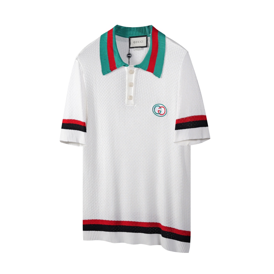 «PL12» Gucci/Gucci Polo de manga corta con cuello de punto y cinta tejida roja y verde 2024ss. Algodón de punto color m…