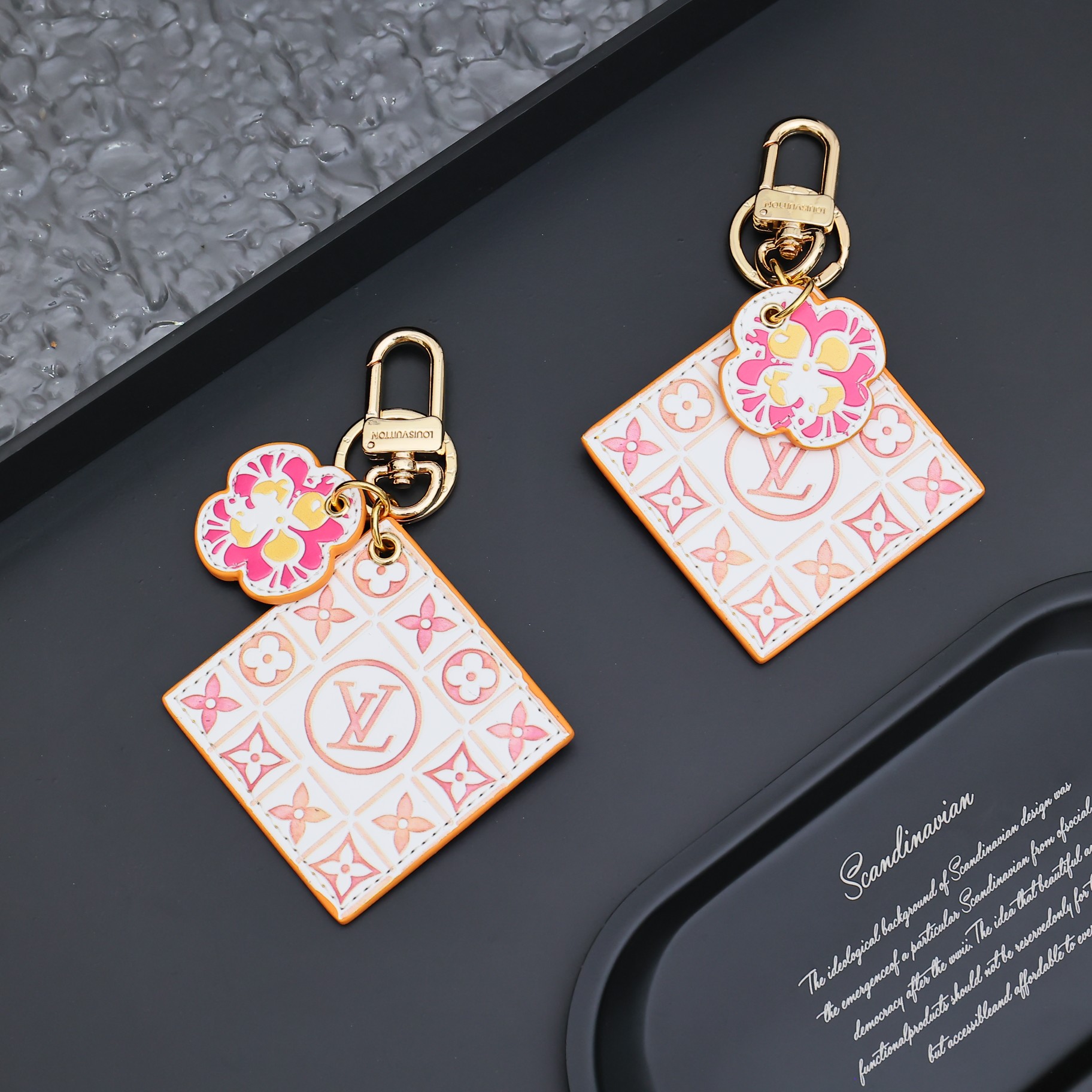 Floral print leather keychain - front view