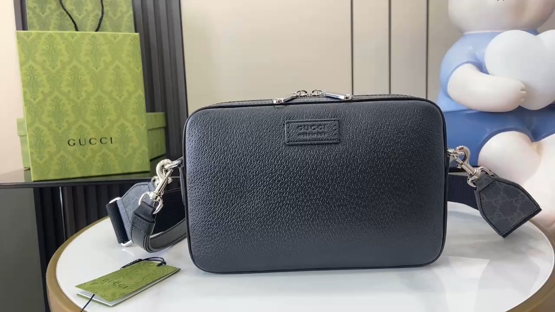 Gucci Black Small Messenger Bag, GG Embossed Leather Crossbody Handbag