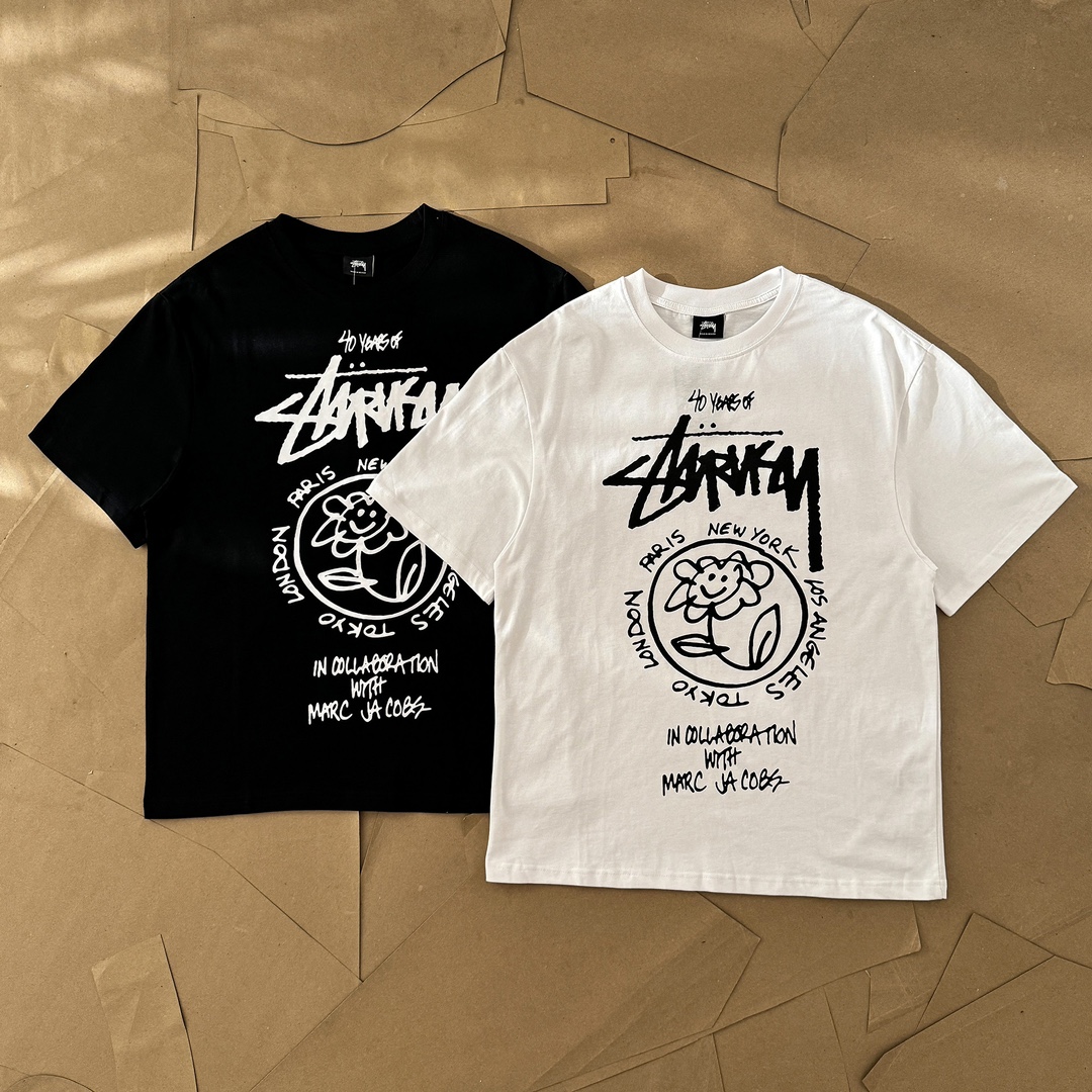 Stussy Kleding T-Shirt 2024 Perfecte replica -ontwerper
 Zwart Wit Afdrukken Unisex Katoen Korte mouw