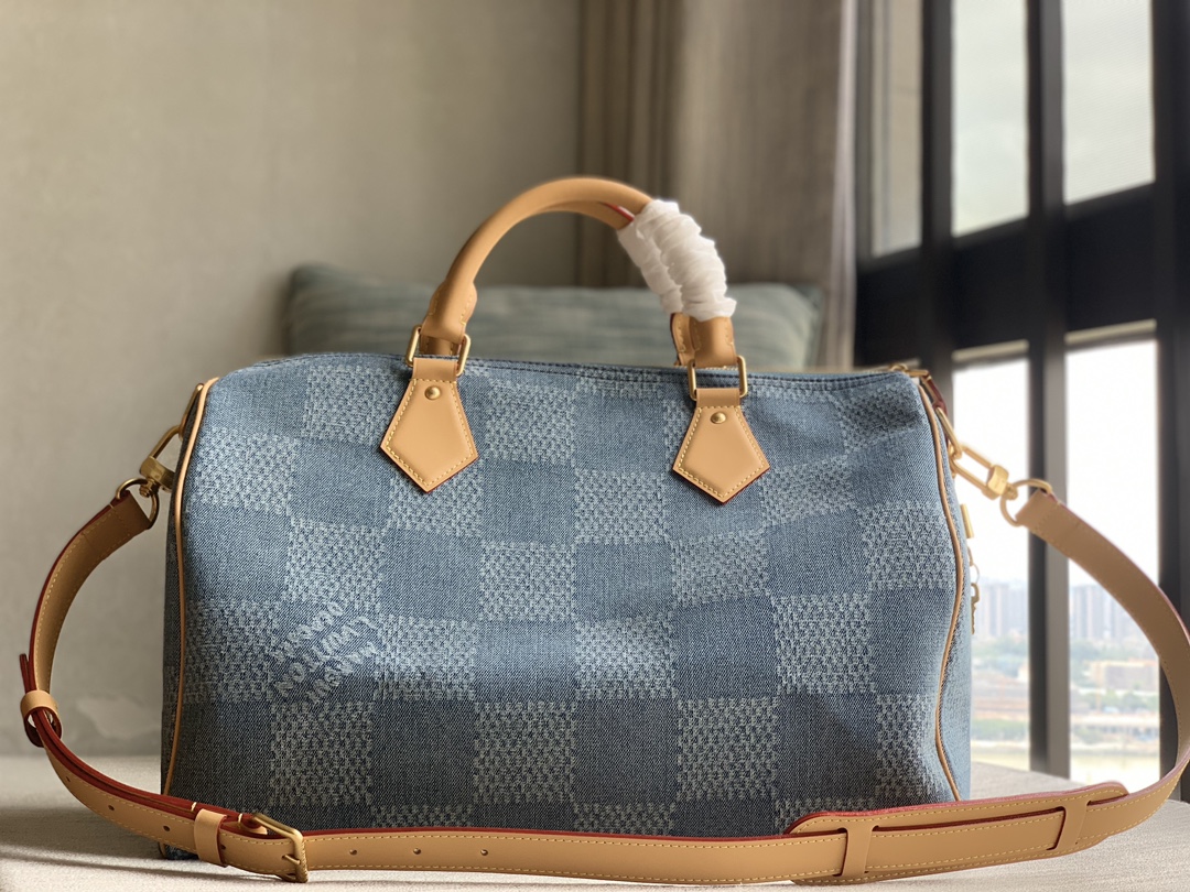Louis Vuitton Verification counter inspection [SPEEDY 40 BANDOULIERE handbag] N40701 blue (plaid denim)