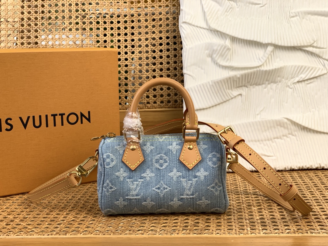 Louis Vuitton LV Speedy Kaufen
 Taschen Handtaschen Blau Hellblau Weiß Baumwolle Rindsleder Vintage M11212