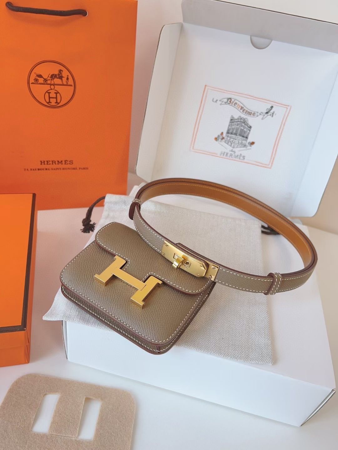 Hermès 配送 全套礼盒包装 进口 头层牛皮带kelly 凯莉 包包+腰带 高级感迷你康康包豆腐包小方包