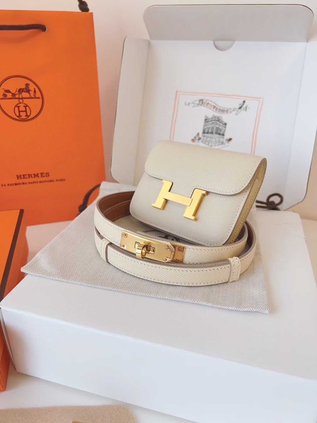 Hermès 配送 全套礼盒包装 进口 头层牛皮带kelly 凯莉 包包+腰带 高级感迷你康康包豆腐包小方包