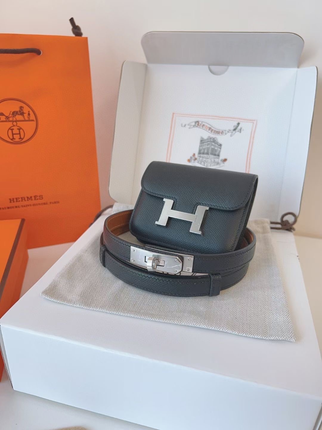 Hermès 配送 全套礼盒包装 进口 头层牛皮带kelly 凯莉 包包+腰带 高级感迷你康康包豆腐包小方包