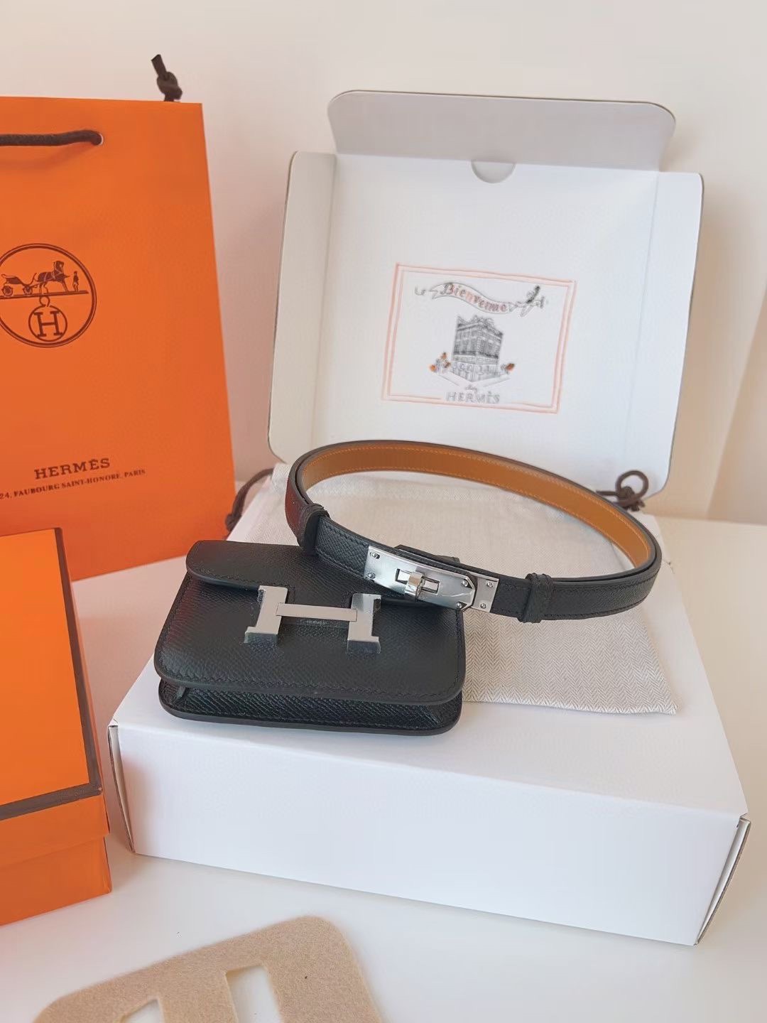 Hermès 配送 全套礼盒包装 进口 头层牛皮带kelly 凯莉 包包+腰带 高级感迷你康康包豆腐包小方包