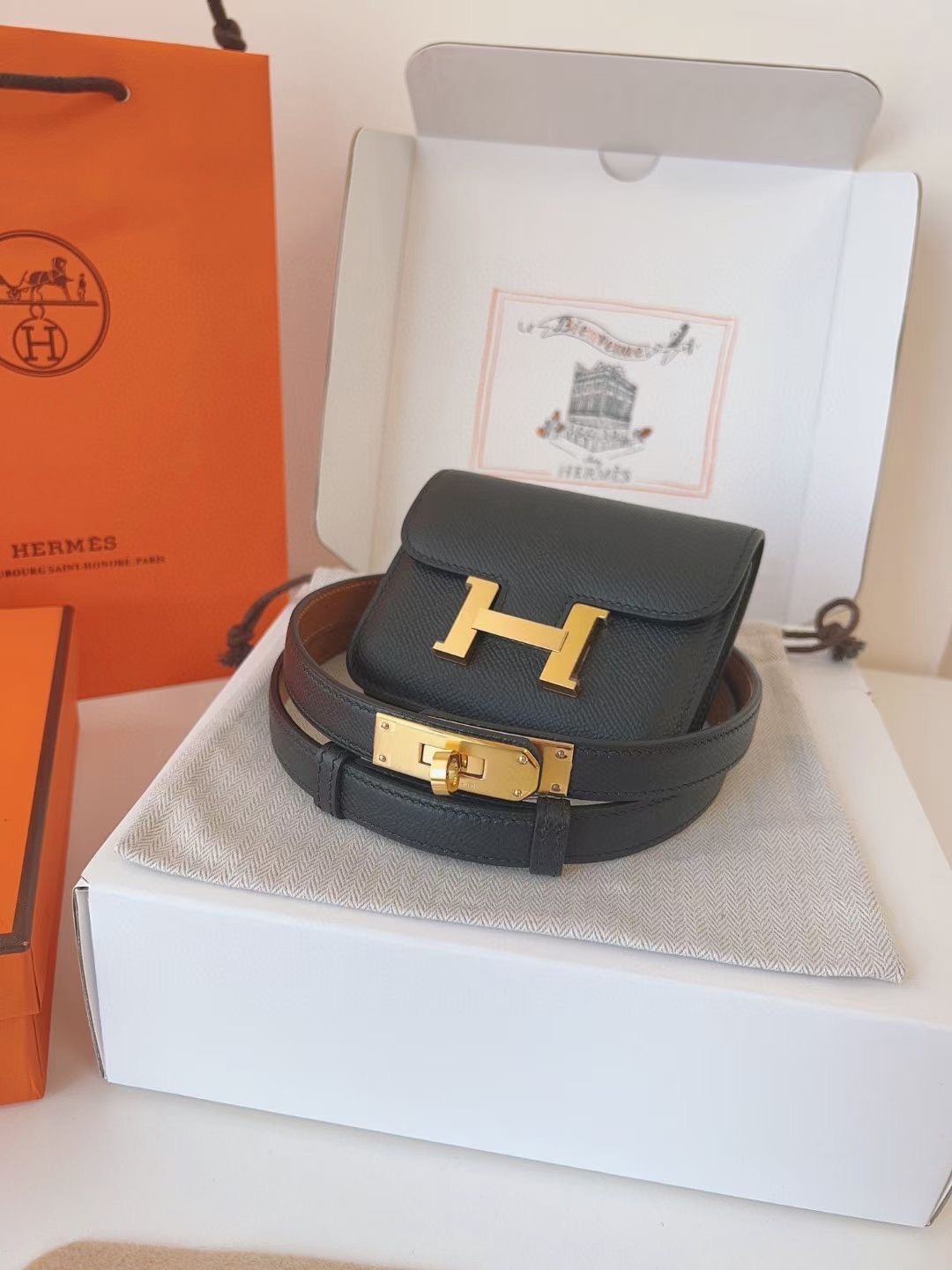 Hermès 配送 全套礼盒包装 进口 头层牛皮带kelly 凯莉 包包+腰带 高级感迷你康康包豆腐包小方包