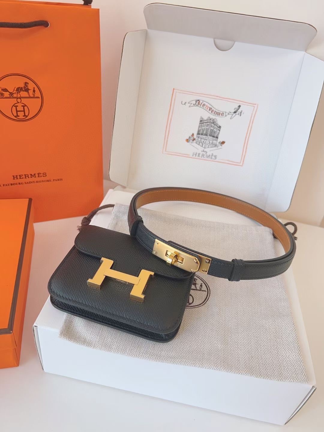 Hermès 配送 全套礼盒包装 进口 头层牛皮带kelly 凯莉 包包+腰带 高级感迷你康康包豆腐包小方包