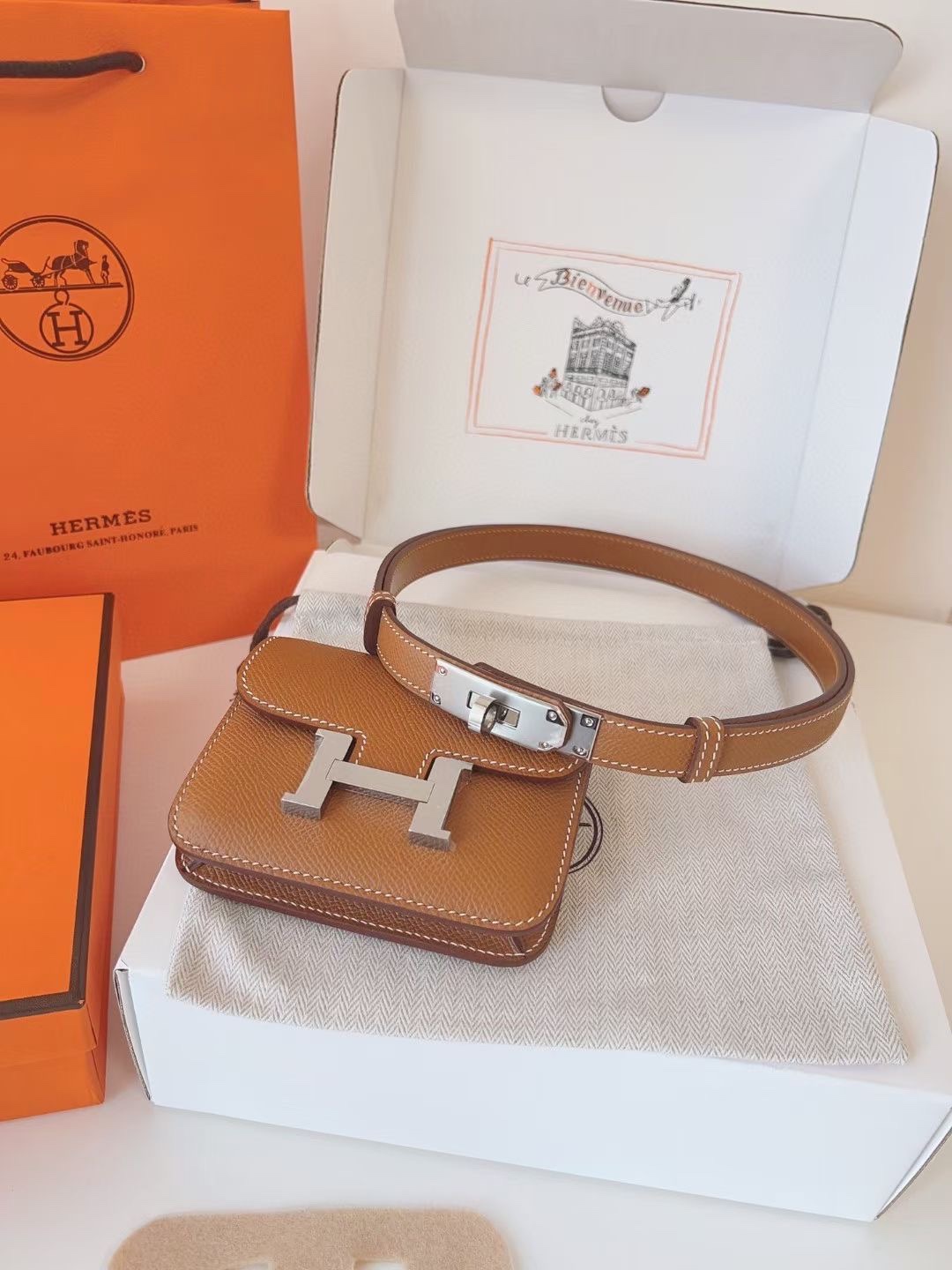 Hermès 配送 全套礼盒包装 进口 头层牛皮带kelly 凯莉 包包+腰带 高级感迷你康康包豆腐包小方包