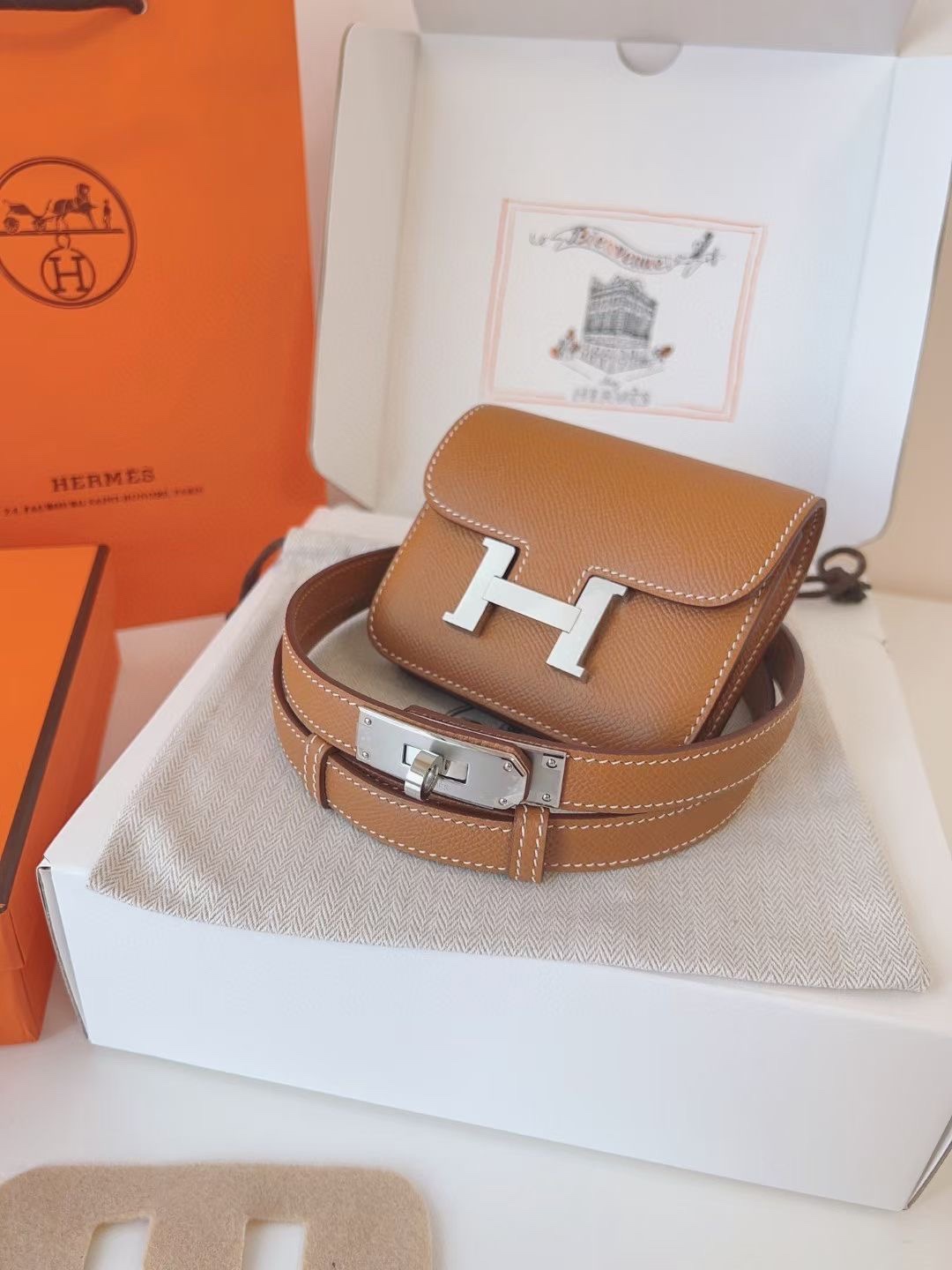 Hermès 配送 全套礼盒包装 进口 头层牛皮带kelly 凯莉 包包+腰带 高级感迷你康康包豆腐包小方包