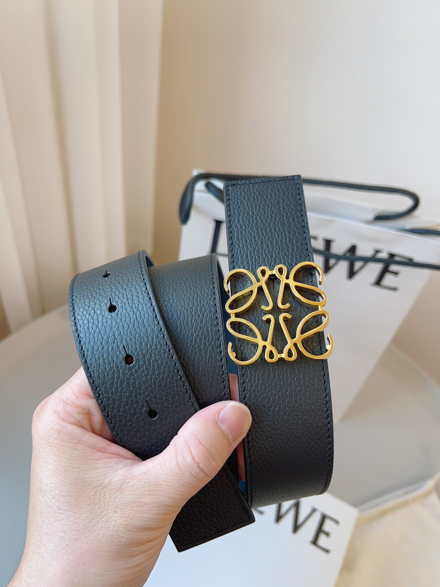 Loewe Anagram Reversible Leather Belt with Gold Buckle, 4.0 cm Width