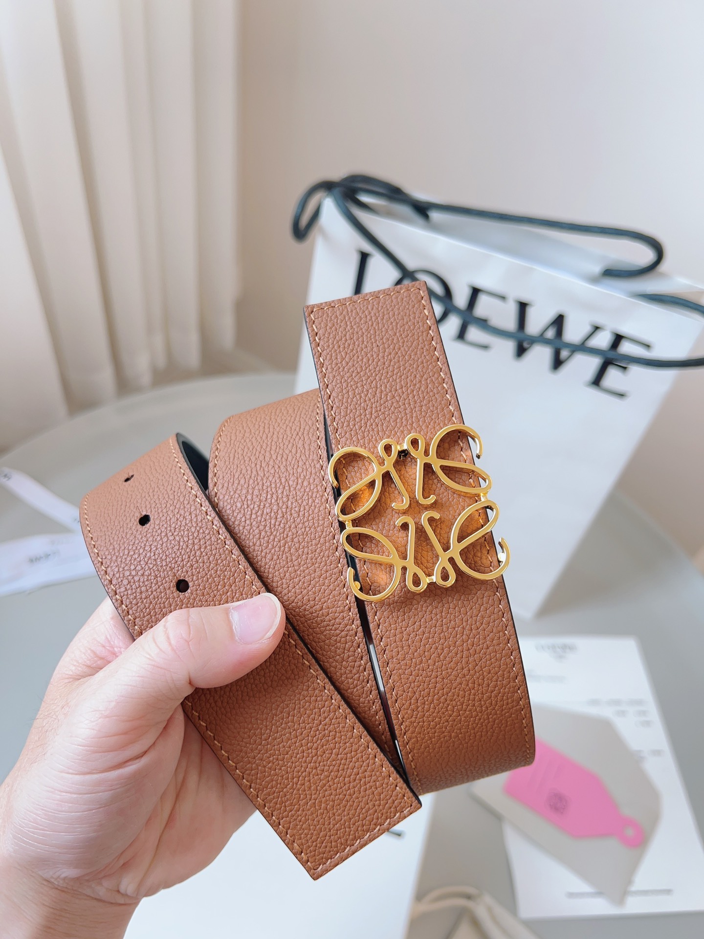 Loewe Anagram Reversible Leather Belt with Gold Buckle, 4 cm Width