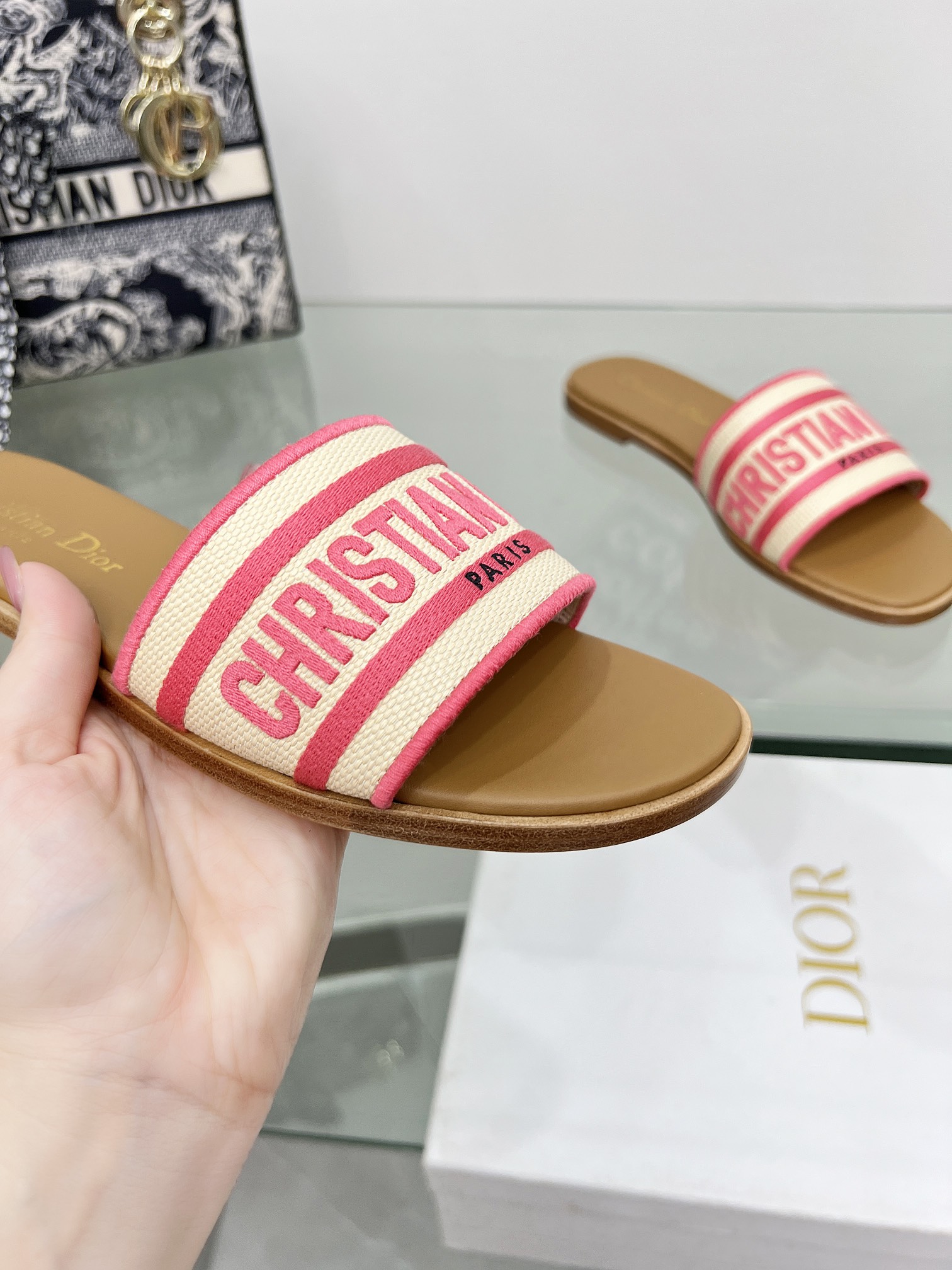 Dior Shoes Slippers Pink Embroidery Calfskin Cotton Cowhide Genuine Leather Fall Collection Fashion Casual