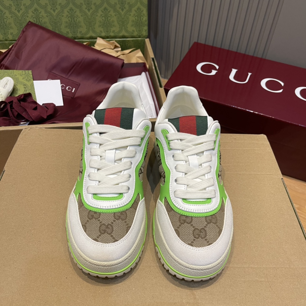 GUCCI Re-Web sneakers en cuir blanc, vert fluo, monogramme