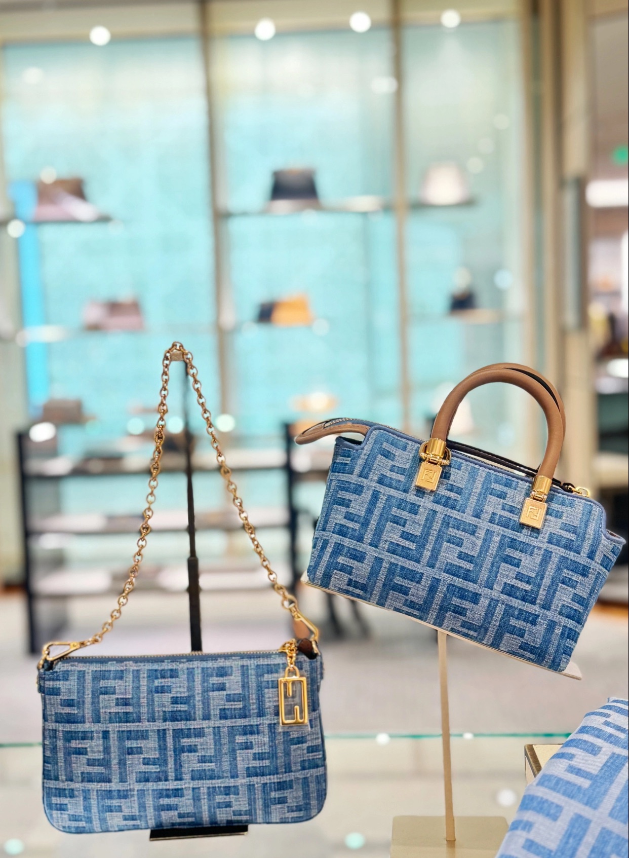 Fendi [By The Way Boston Mini Handbag] F607 Light Blue Denim Premium Upper