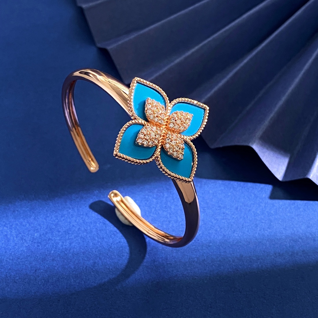 Roberto Coin Four Petal Rose Gold Bracelet with 18k Gold Platinum Roses - 图片 5