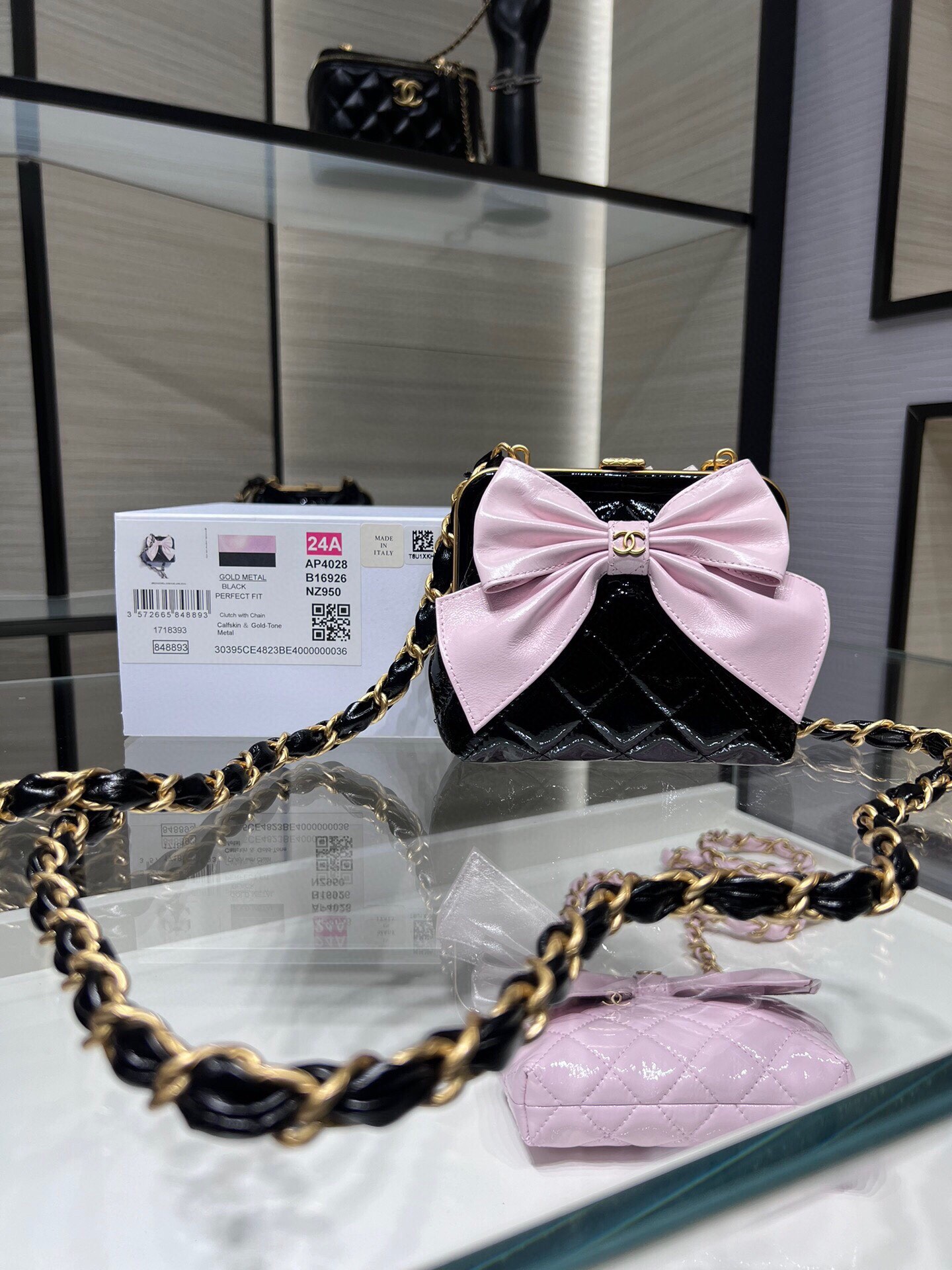 Ohanel 24A último modelo bolso de lazo con clip bolso de noche combinación negro y rosa AY