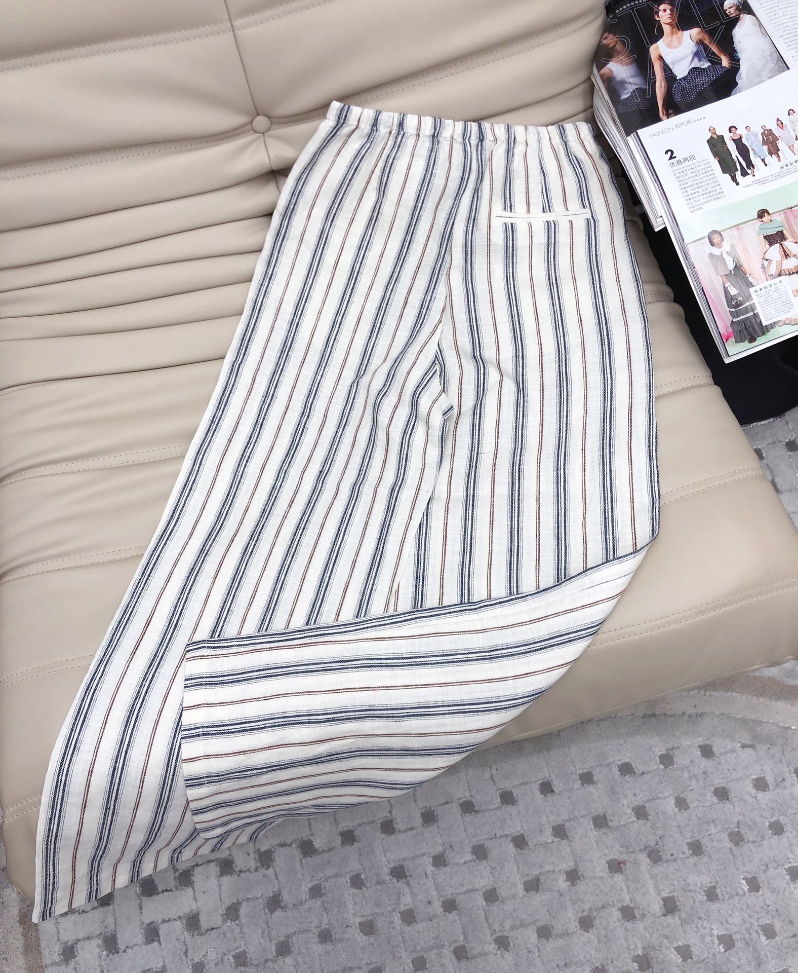 🆕25春夏轻奢老钱风亚麻阔腿裤，进口亚麻条纹比纯色更显瘦，手感细腻，柔软干透清爽，松紧腰设计 柔和老钱风