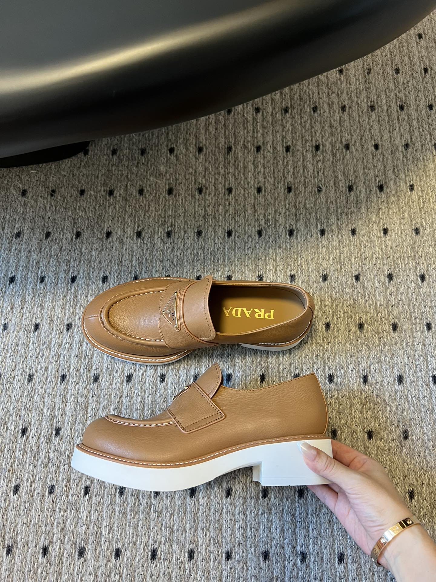 Prada Women's Leather Platform Loafers with Iconic Triangle Logo, Camel