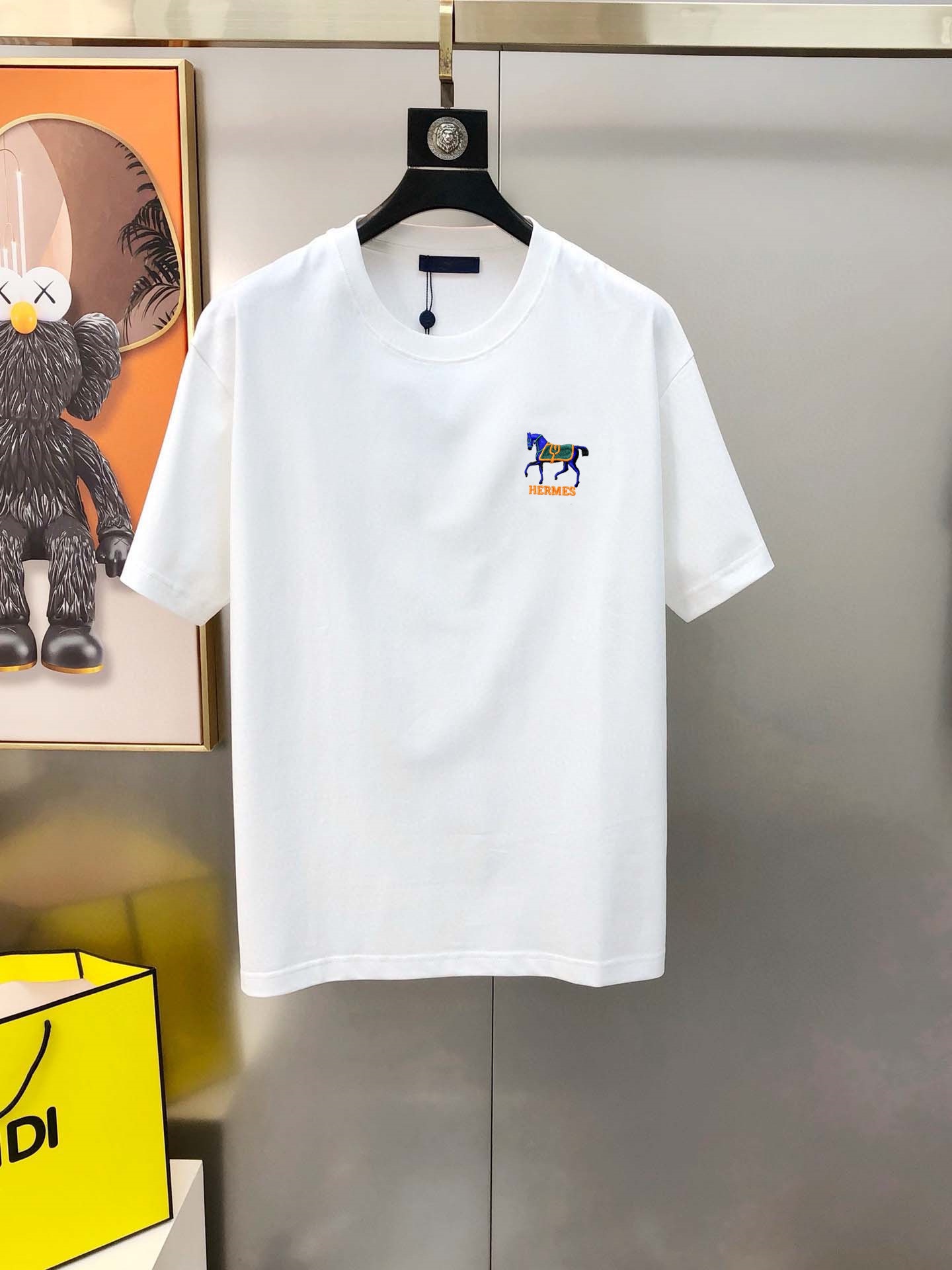 Buying Replica
 Hermes Clothing T-Shirt Black White Embroidery Men Cotton Spring/Summer Collection Fashion Short Sleeve