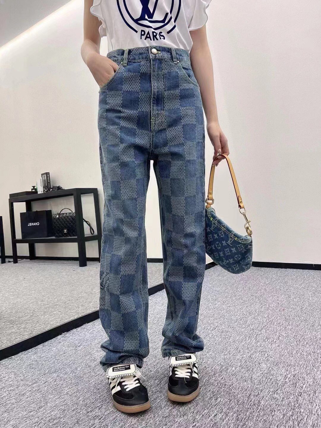 Louis Vuitton Ropa Vaqueros Pantalones Azul Marco de madera a cuadros