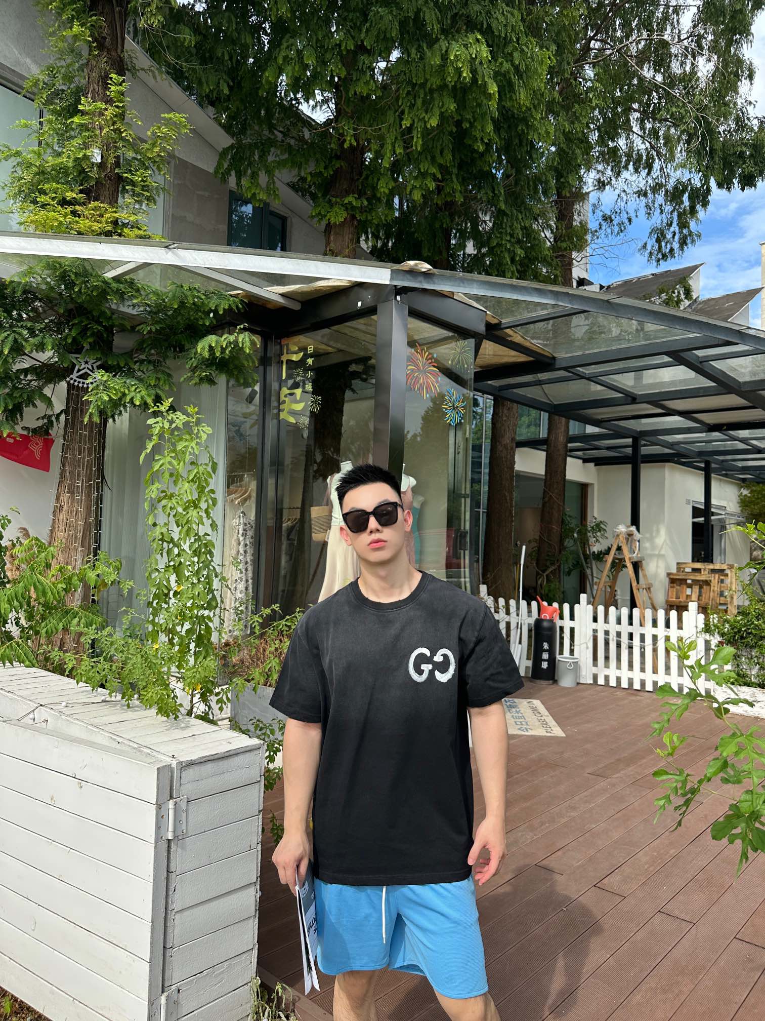 GUCCI/古驰 水洗草写字母印花圆领T恤 上身效果#