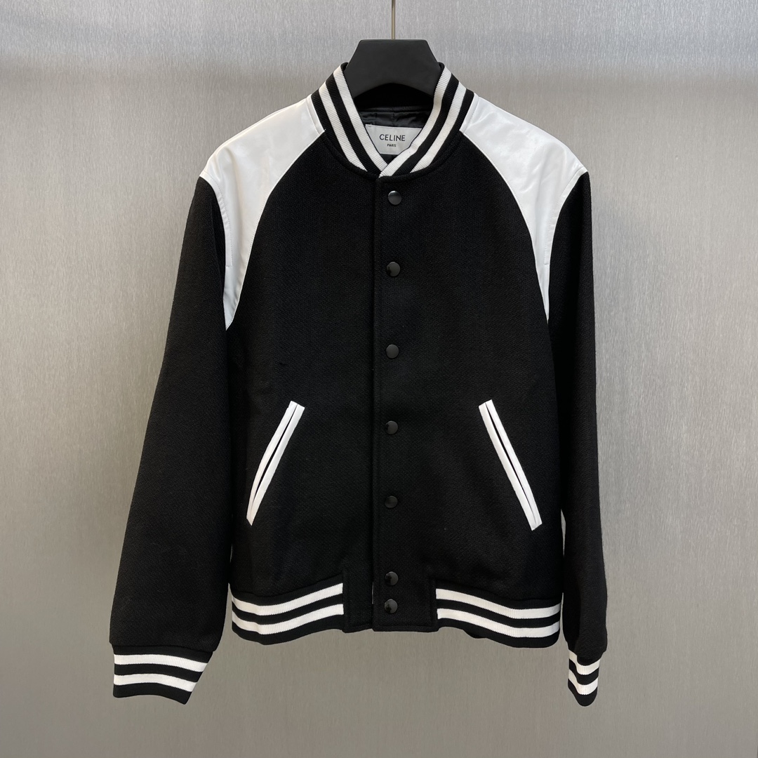 🧧Chaqueta de béisbol clásica de lana con textura CE. Tallas: S-XL. Corte clásico, cuello de béisbol de dos colores, ho…