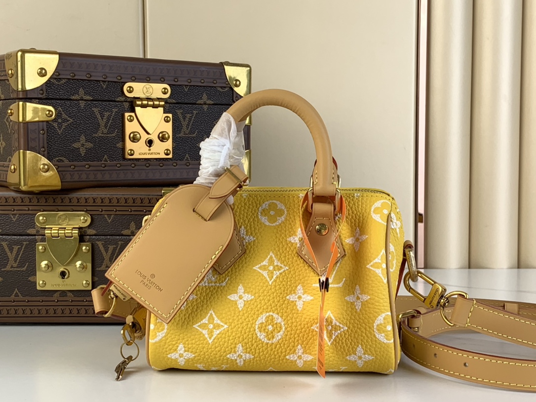 لويس فيتون LV Speedy حقيبة حقيبة يد أصفر مصقول قماش جلد البقر الغنم مینی M24419